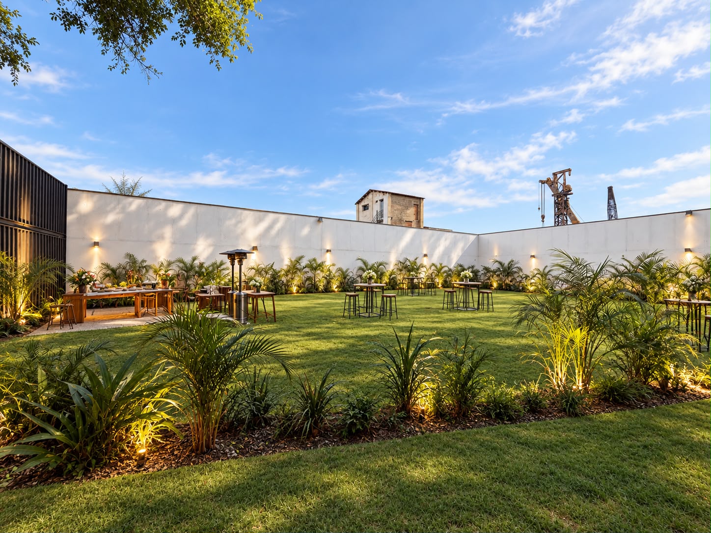 Jardín de La Estación con césped, plantas iluminadas y mesas al aire libre